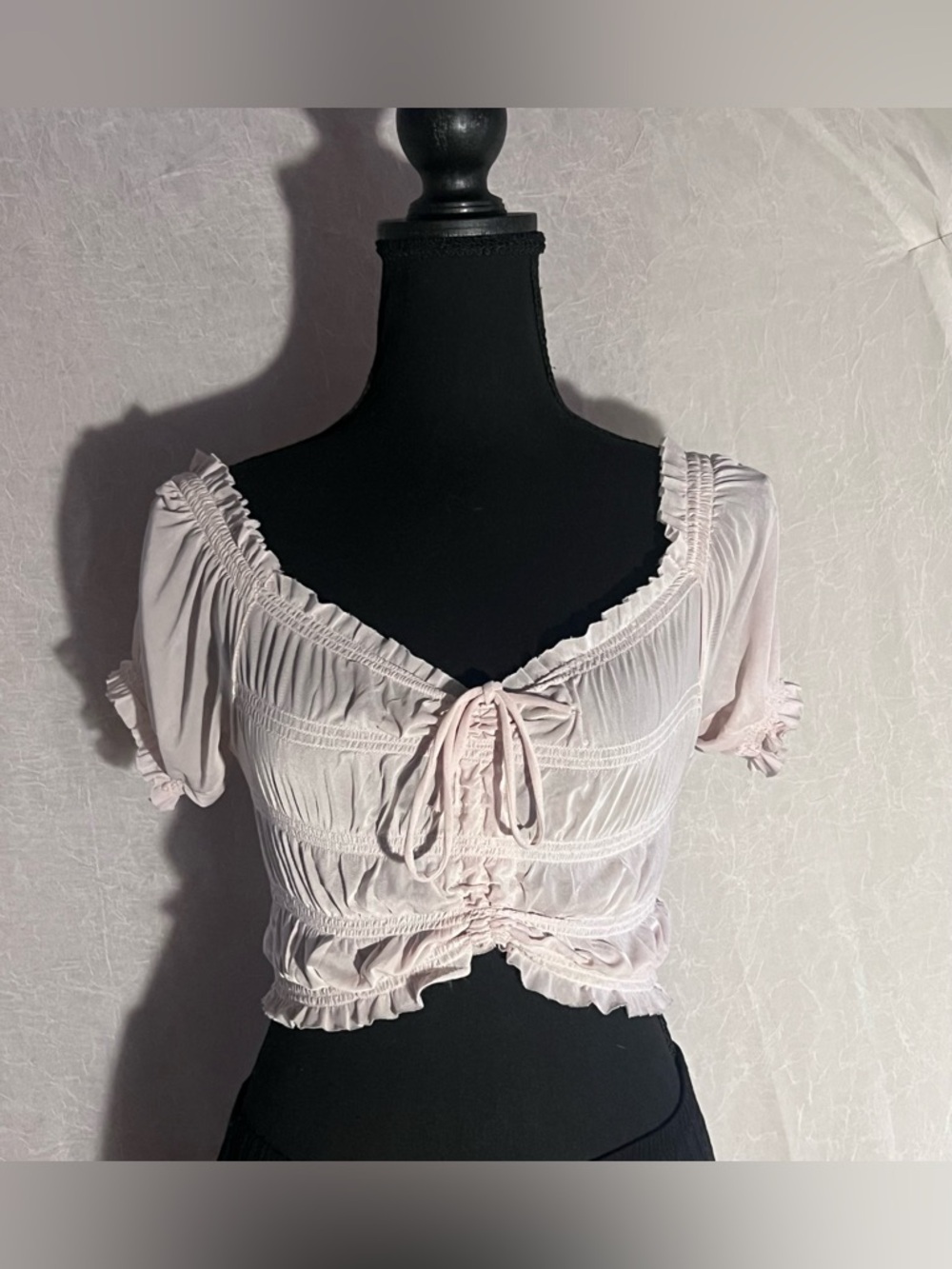 Garage Pale Pink / beige Ruffle Tie-Front sheer Crop Top